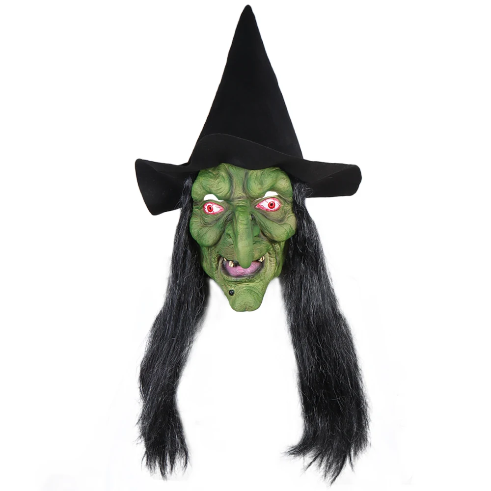 Halloween Horror Old Witch Mask with Hat Cosplay Scary Clown Hag Latex Masks Green Face Big Nose Old Women Costume Party Props