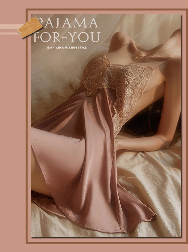 New Women's Satin Sleepwear Female Backless Nightgown Sexy Lace Nightwear V-Neck Sling Nightdress Solid Color Soft Home Dress