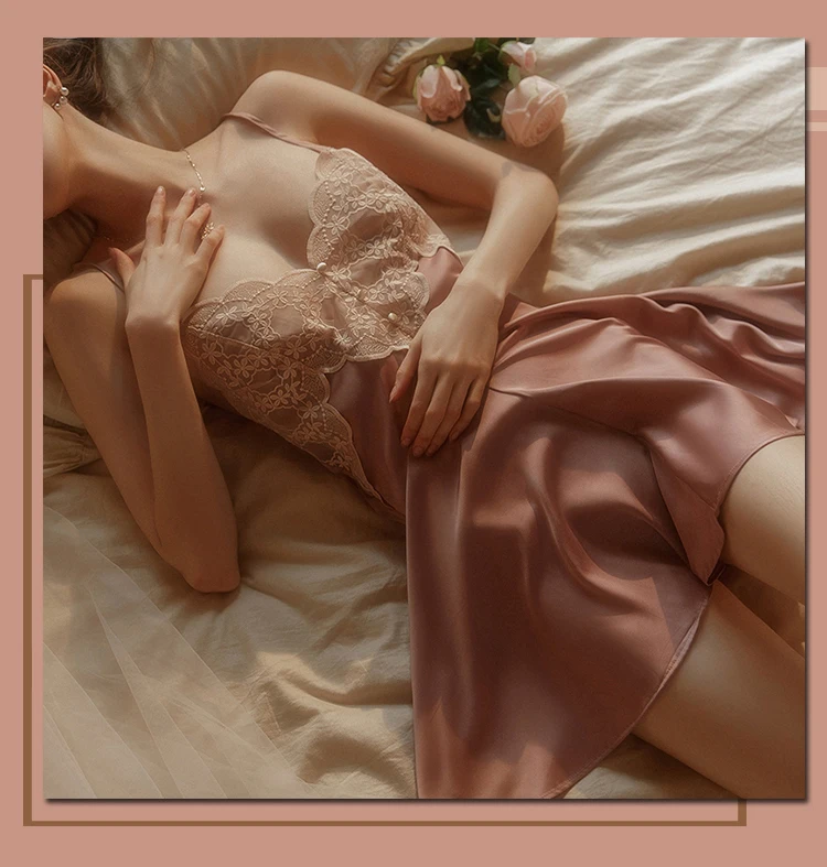 New Women's Satin Sleepwear Female Backless Nightgown Sexy Lace Nightwear V-Neck Sling Nightdress Solid Color Soft Home Dress