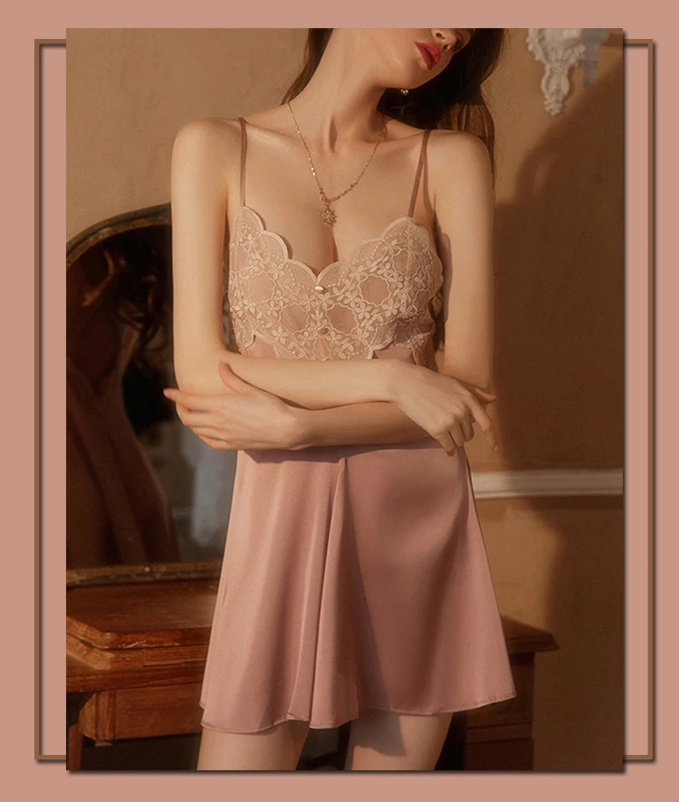 New Women's Satin Sleepwear Female Backless Nightgown Sexy Lace Nightwear V-Neck Sling Nightdress Solid Color Soft Home Dress