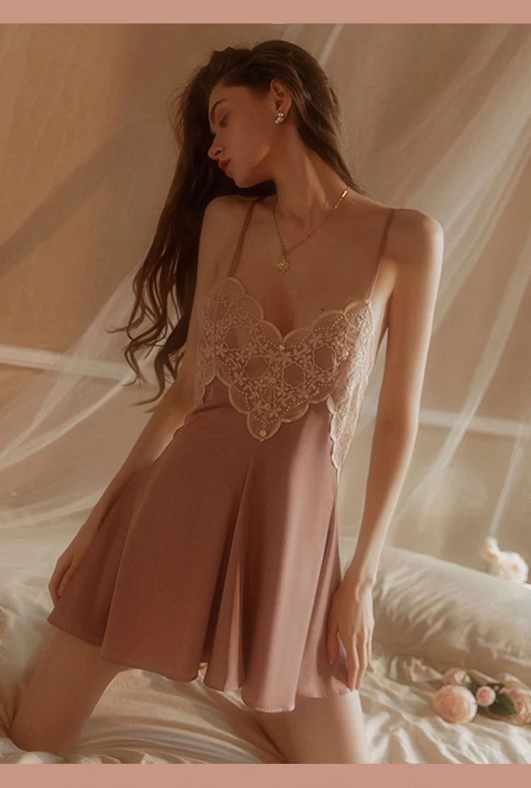 New Women's Satin Sleepwear Female Backless Nightgown Sexy Lace Nightwear V-Neck Sling Nightdress Solid Color Soft Home Dress