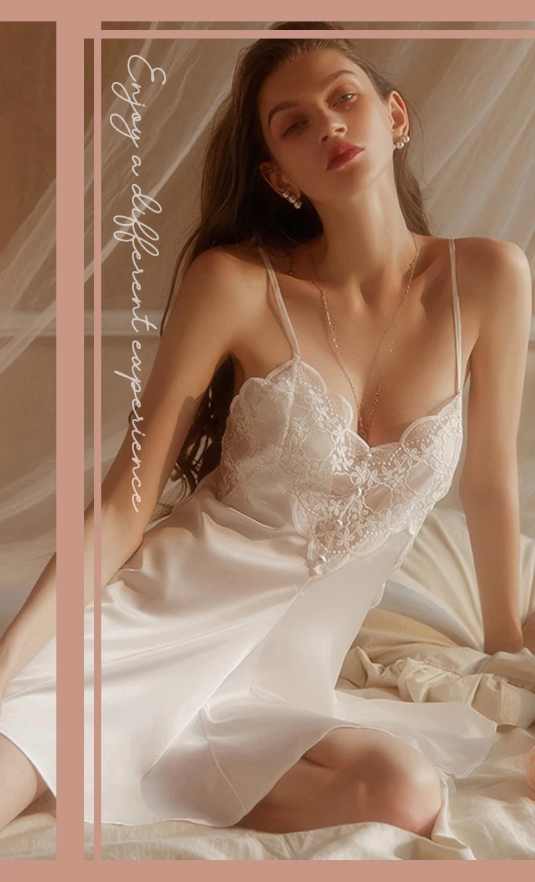 New Women's Satin Sleepwear Female Backless Nightgown Sexy Lace Nightwear V-Neck Sling Nightdress Solid Color Soft Home Dress