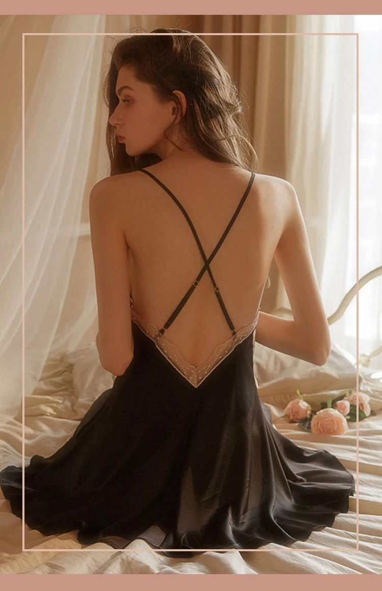 New Women's Satin Sleepwear Female Backless Nightgown Sexy Lace Nightwear V-Neck Sling Nightdress Solid Color Soft Home Dress