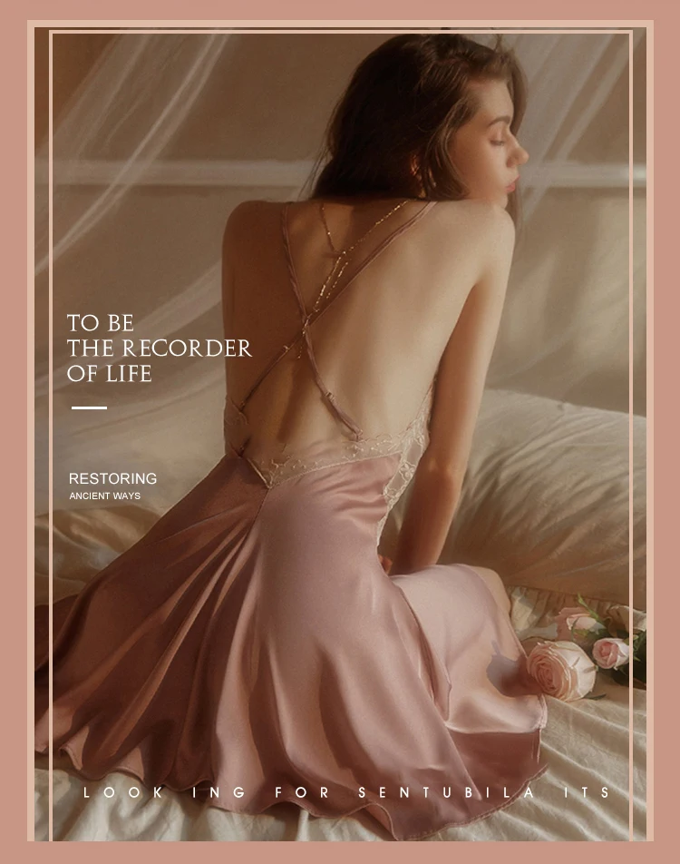 New Women's Satin Sleepwear Female Backless Nightgown Sexy Lace Nightwear V-Neck Sling Nightdress Solid Color Soft Home Dress