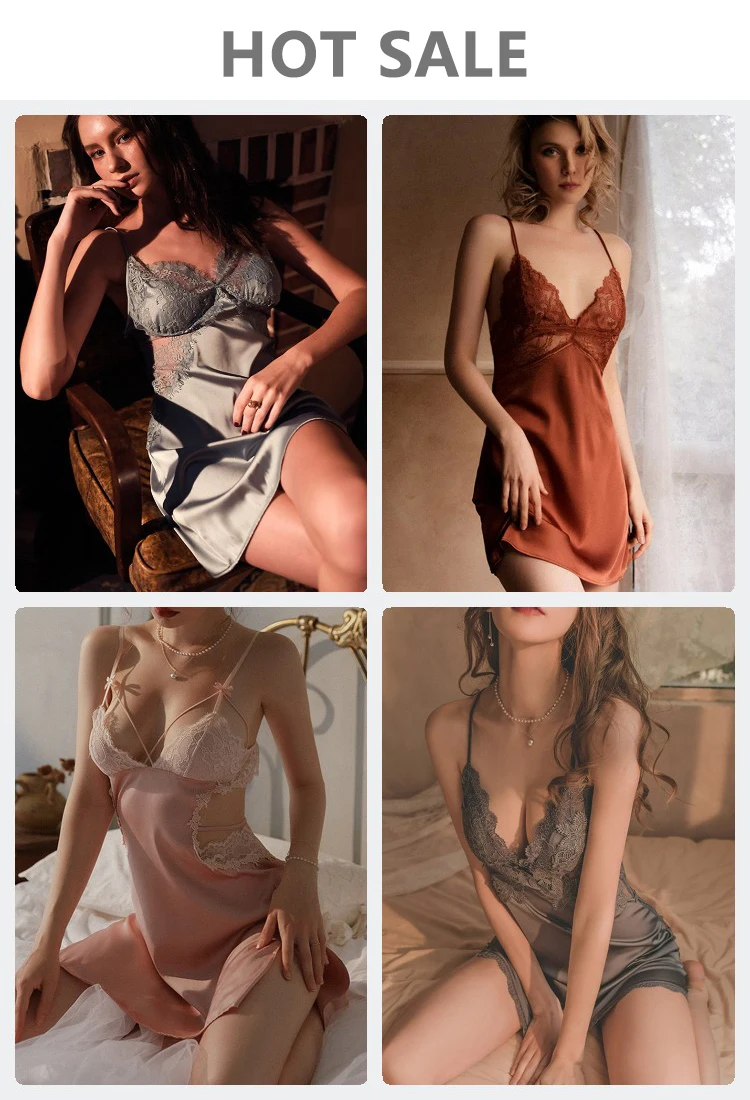 New Women's Satin Sleepwear Female Backless Nightgown Sexy Lace Nightwear V-Neck Sling Nightdress Solid Color Soft Home Dress