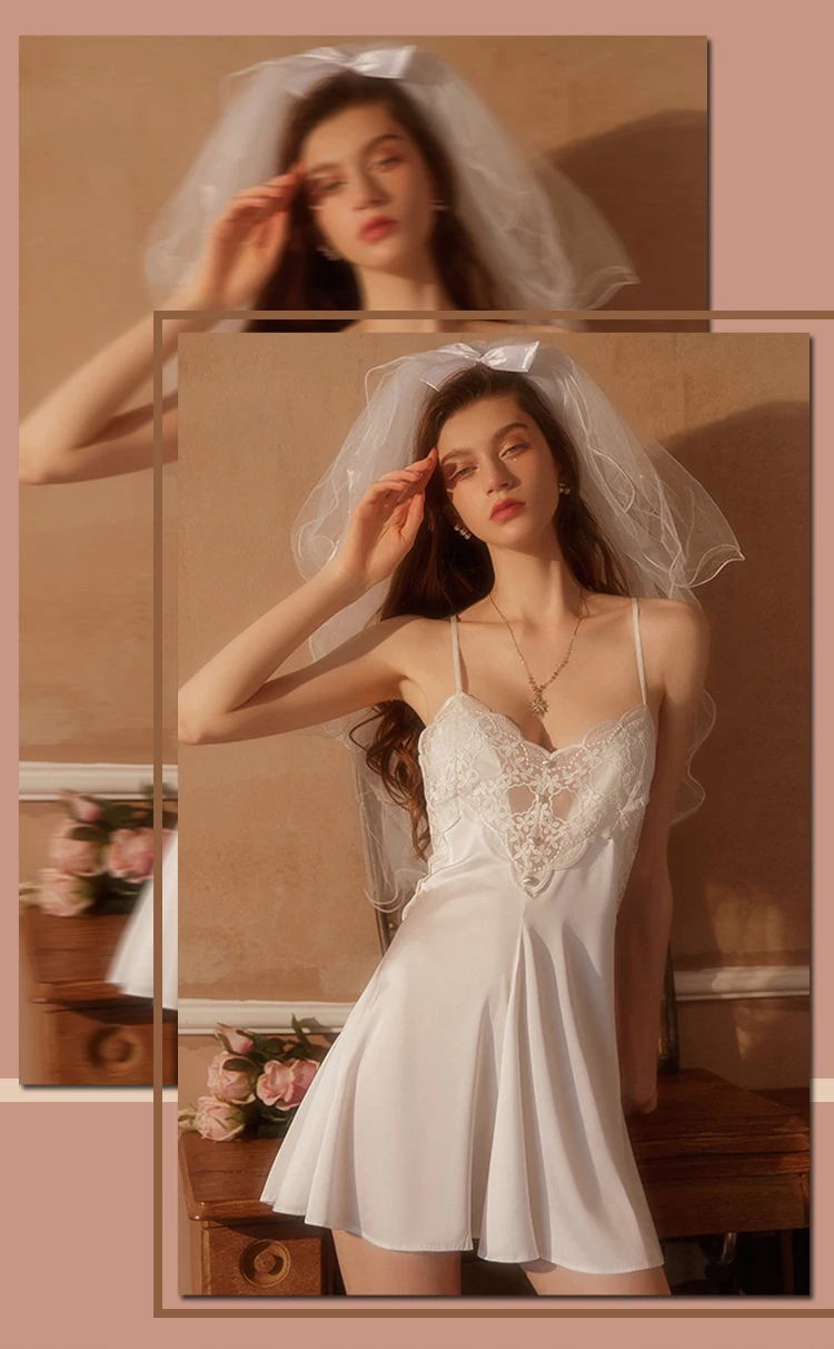 New Women's Satin Sleepwear Female Backless Nightgown Sexy Lace Nightwear V-Neck Sling Nightdress Solid Color Soft Home Dress