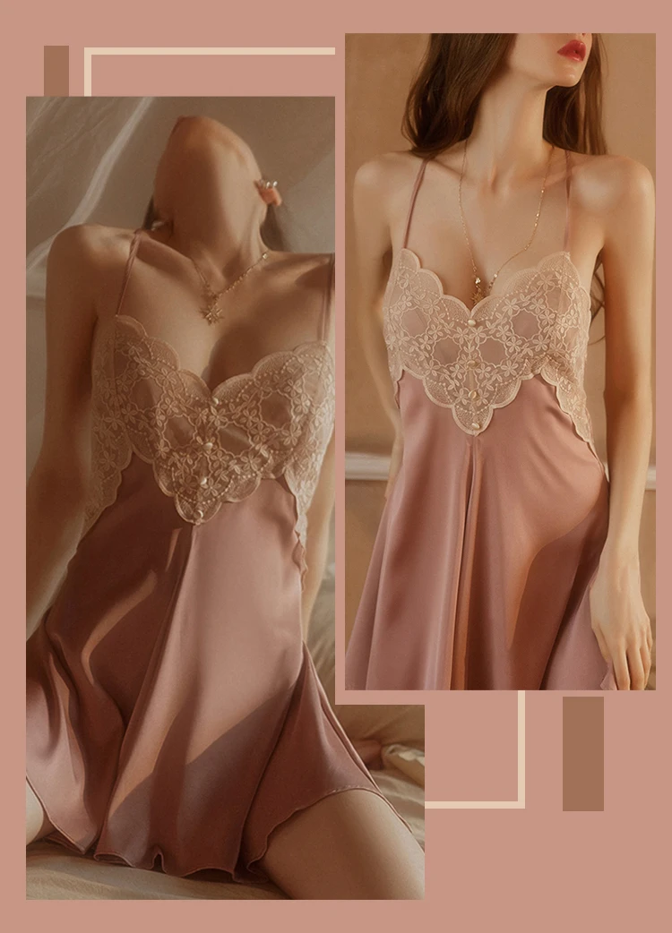 New Women's Satin Sleepwear Female Backless Nightgown Sexy Lace Nightwear V-Neck Sling Nightdress Solid Color Soft Home Dress