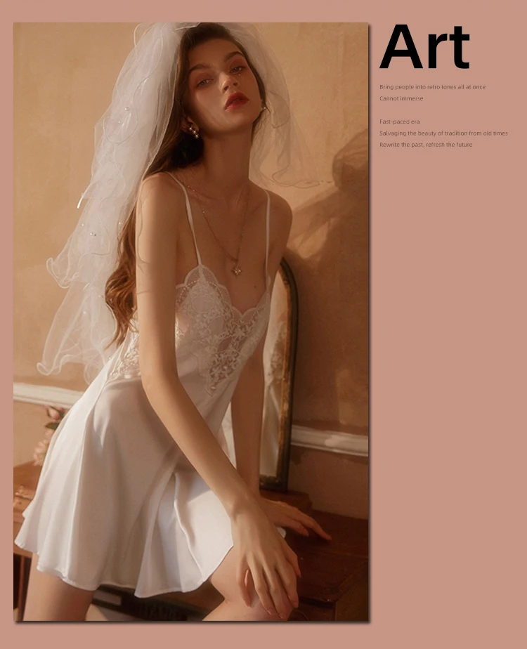 New Women's Satin Sleepwear Female Backless Nightgown Sexy Lace Nightwear V-Neck Sling Nightdress Solid Color Soft Home Dress