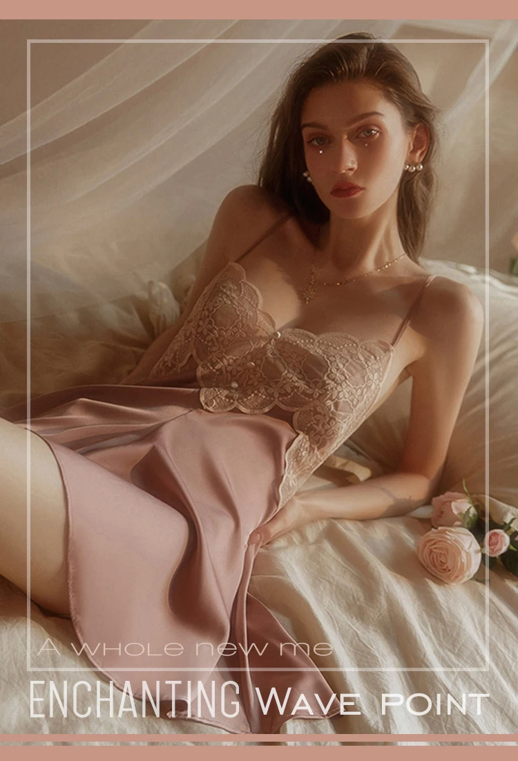 New Women's Satin Sleepwear Female Backless Nightgown Sexy Lace Nightwear V-Neck Sling Nightdress Solid Color Soft Home Dress