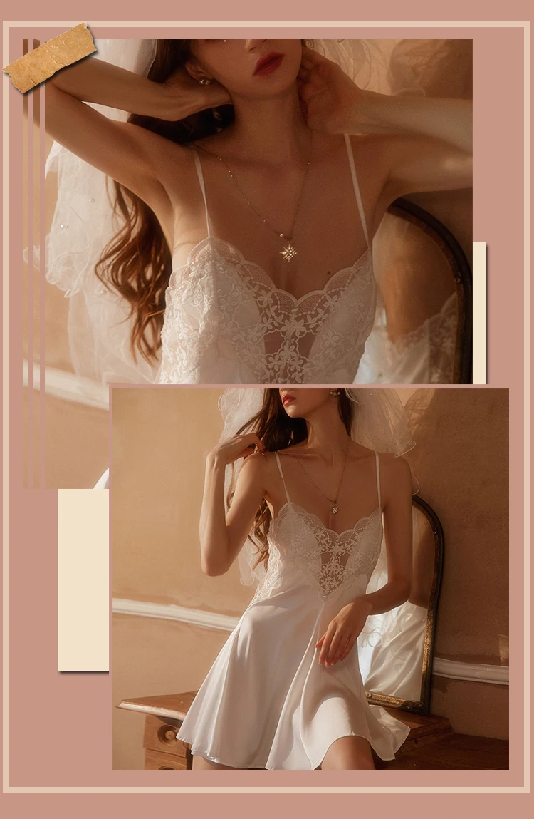 New Women's Satin Sleepwear Female Backless Nightgown Sexy Lace Nightwear V-Neck Sling Nightdress Solid Color Soft Home Dress