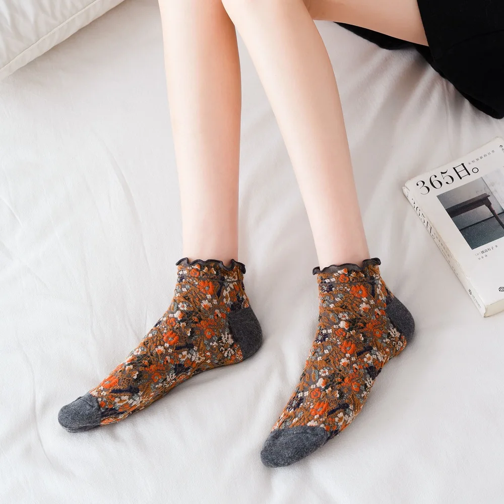 Fashion Print Cotton Woman Socks Summer Harajuku Retro Short Socks Korean Japanese Style Kawaii Cute Low Cut Ankle Sock Slippers