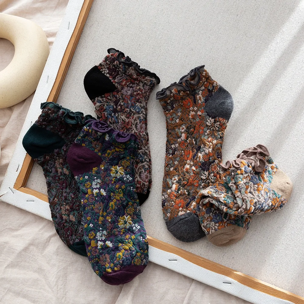 Fashion Print Cotton Woman Socks Summer Harajuku Retro Short Socks Korean Japanese Style Kawaii Cute Low Cut Ankle Sock Slippers