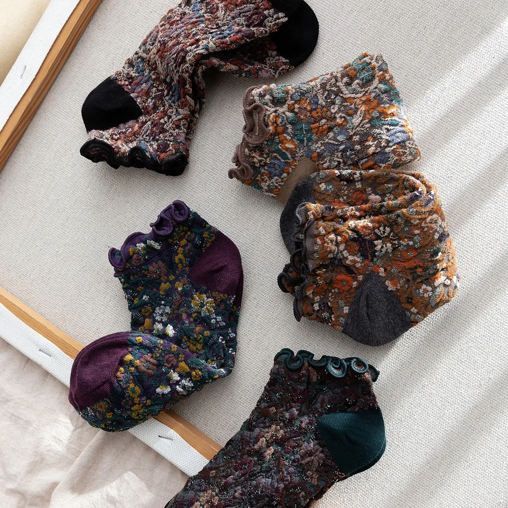 Fashion Print Cotton Woman Socks Summer Harajuku Retro Short Socks Korean Japanese Style Kawaii Cute Low Cut Ankle Sock Slippers
