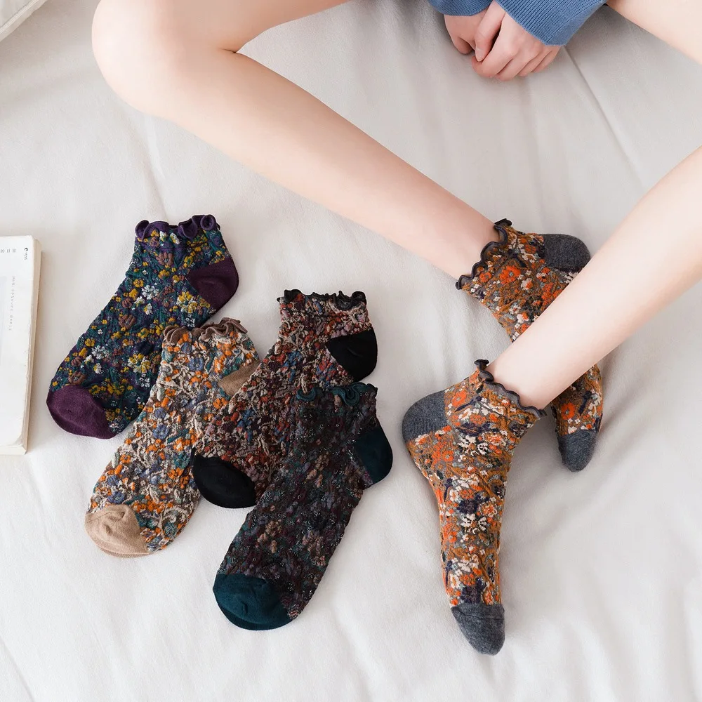 Fashion Print Cotton Woman Socks Summer Harajuku Retro Short Socks Korean Japanese Style Kawaii Cute Low Cut Ankle Sock Slippers