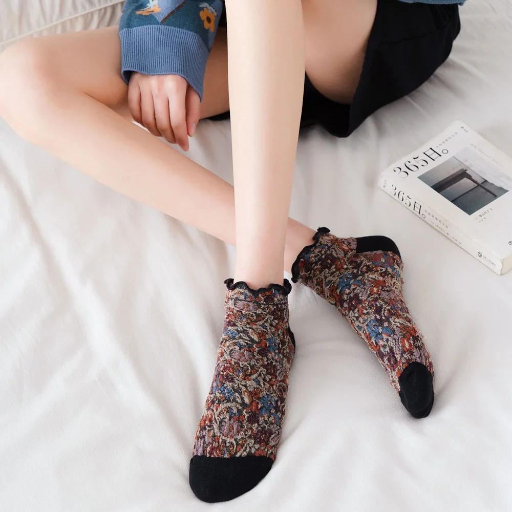 Fashion Print Cotton Woman Socks Summer Harajuku Retro Short Socks Korean Japanese Style Kawaii Cute Low Cut Ankle Sock Slippers