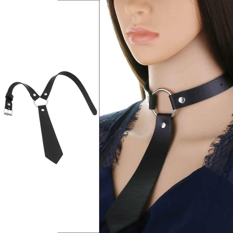 Women Dark Gothic Imitation Leather Black Neck Tie Punk O-Ring Studded Choker Necklace Vintage Personality Cosplay Pre-Tied