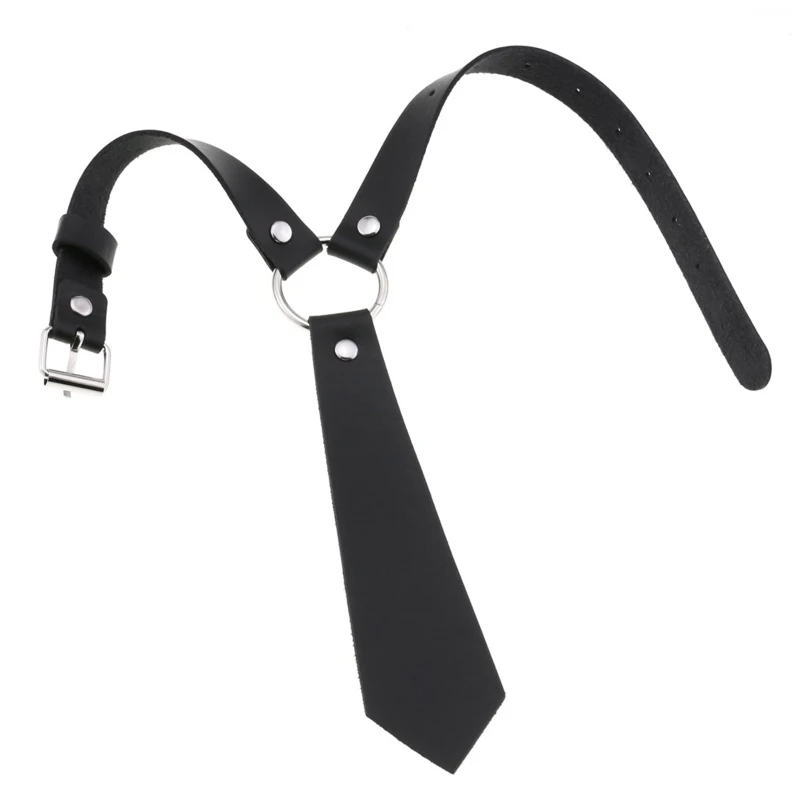 Women Dark Gothic Imitation Leather Black Neck Tie Punk O-Ring Studded Choker Necklace Vintage Personality Cosplay Pre-Tied