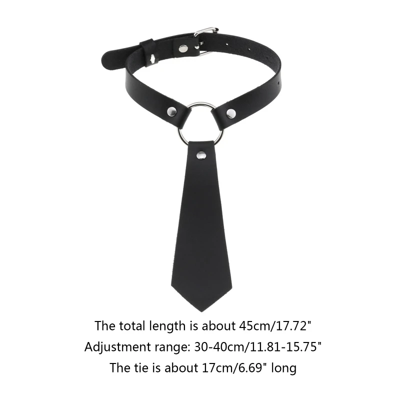Women Dark Gothic Imitation Leather Black Neck Tie Punk O-Ring Studded Choker Necklace Vintage Personality Cosplay Pre-Tied