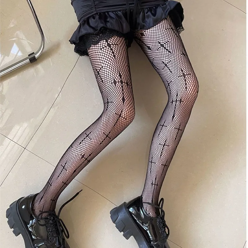 New Goth Lolita Cosplay JK Girls Tights Women Sexy Retro Gothic Kawaii Cross Print Club Stockings Nylon Socks Fishnet Pantyhose