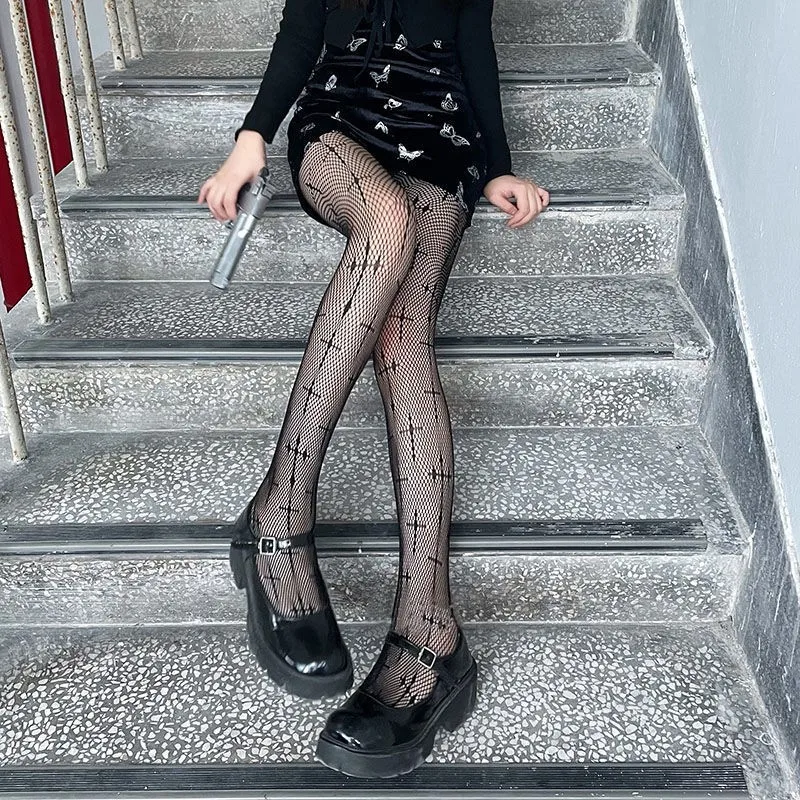 New Goth Lolita Cosplay JK Girls Tights Women Sexy Retro Gothic Kawaii Cross Print Club Stockings Nylon Socks Fishnet Pantyhose