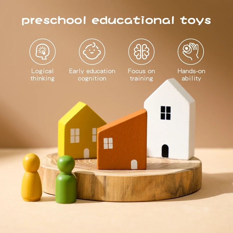 Wooden Building House Block Forest Ornaments Toy Christmas Tree Children Montessori Education Toy Wooden Grasp Matching Toy Gift