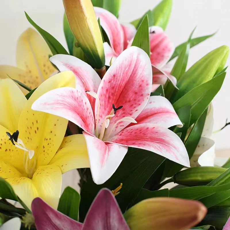 3Heads Artificial Flowers Lily Real Touch Fake Flowers for Wedding Home Party Garden Office Decoration Plastic Lily Faux Flowers