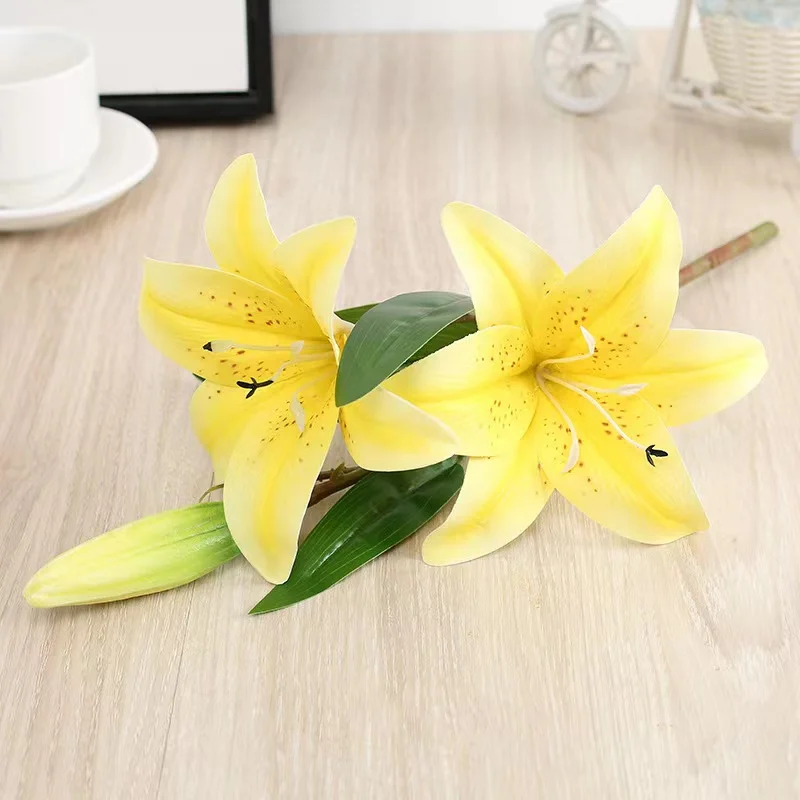 3Heads Artificial Flowers Lily Real Touch Fake Flowers for Wedding Home Party Garden Office Decoration Plastic Lily Faux Flowers