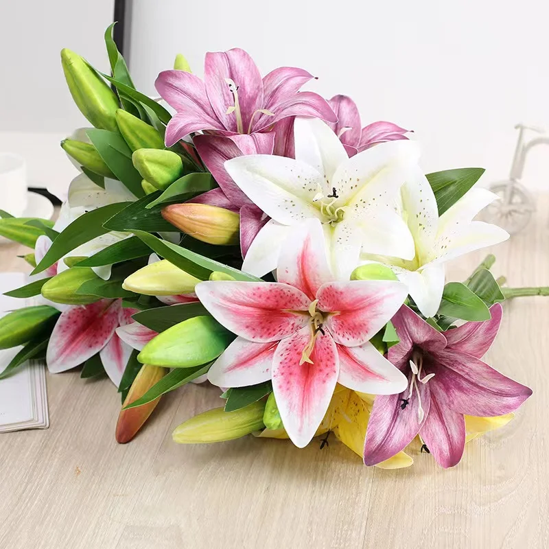 3Heads Artificial Flowers Lily Real Touch Fake Flowers for Wedding Home Party Garden Office Decoration Plastic Lily Faux Flowers