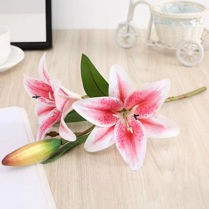 3Heads Artificial Flowers Lily Real Touch Fake Flowers for Wedding Home Party Garden Office Decoration Plastic Lily Faux Flowers