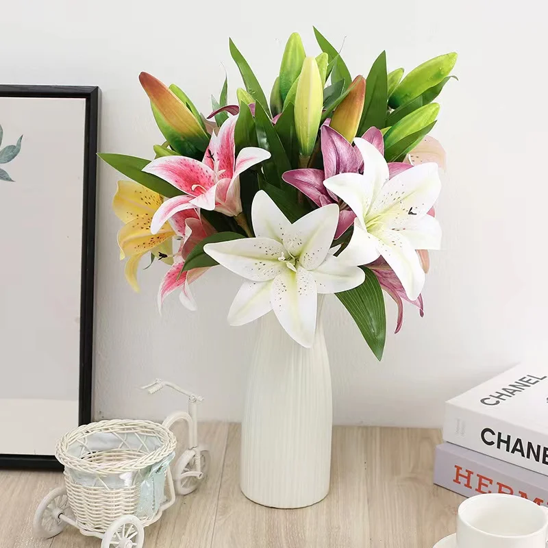 3Heads Artificial Flowers Lily Real Touch Fake Flowers for Wedding Home Party Garden Office Decoration Plastic Lily Faux Flowers