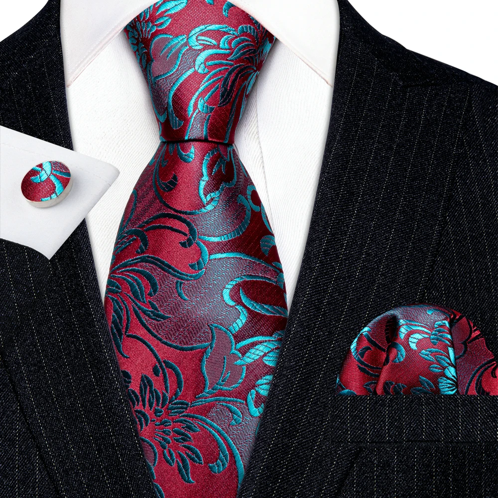 Fashion Red Blue Teal Floral Men Tie Set Necktie Handkerchief Cufflinks Wedding Gift Barry. Wang Tie Pin Brooches A-6074