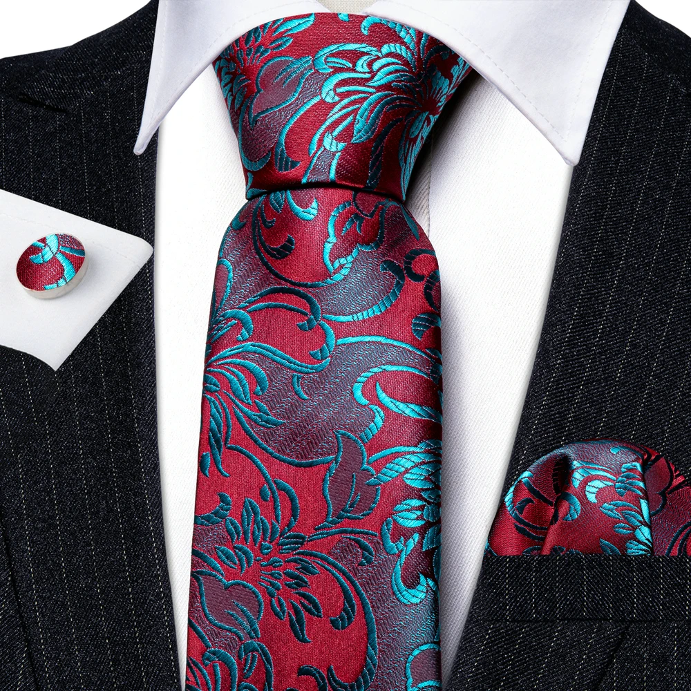 Fashion Red Blue Teal Floral Men Tie Set Necktie Handkerchief Cufflinks Wedding Gift Barry. Wang Tie Pin Brooches A-6074