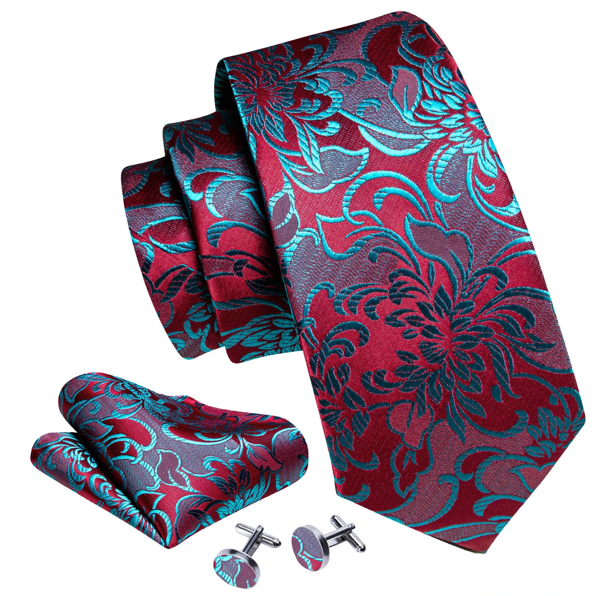 Fashion Red Blue Teal Floral Men Tie Set Necktie Handkerchief Cufflinks Wedding Gift Barry. Wang Tie Pin Brooches A-6074