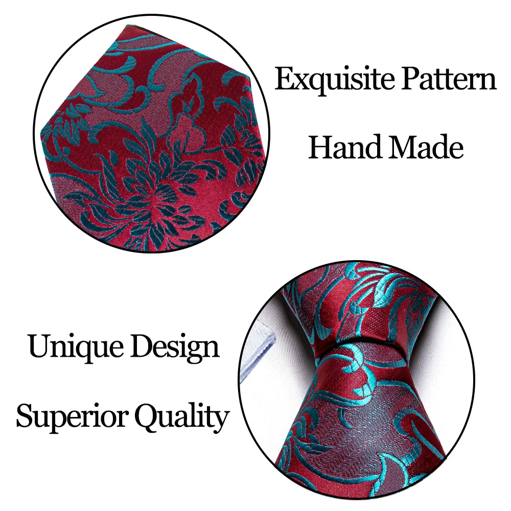 Fashion Red Blue Teal Floral Men Tie Set Necktie Handkerchief Cufflinks Wedding Gift Barry. Wang Tie Pin Brooches A-6074