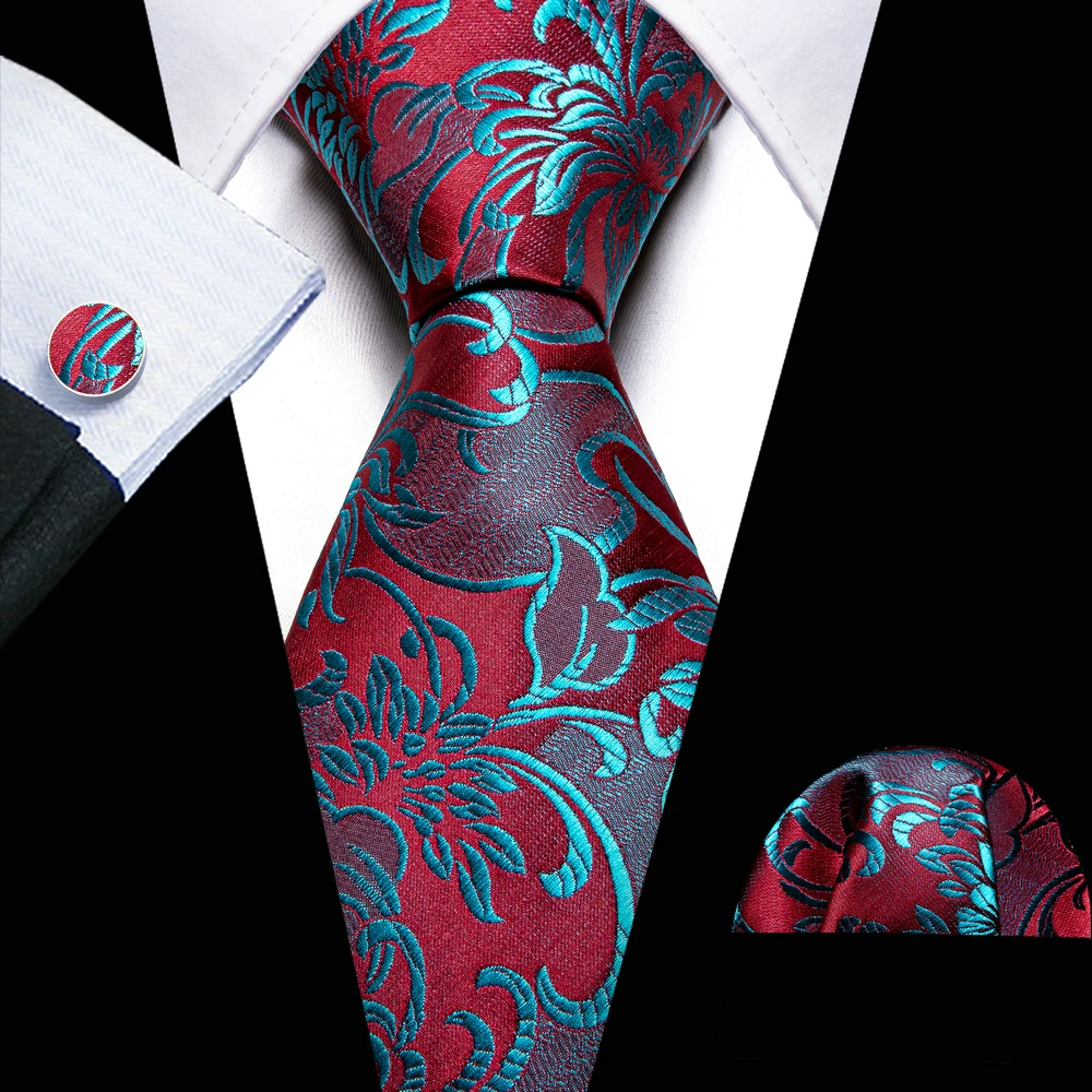 Fashion Red Blue Teal Floral Men Tie Set Necktie Handkerchief Cufflinks Wedding Gift Barry. Wang Tie Pin Brooches A-6074