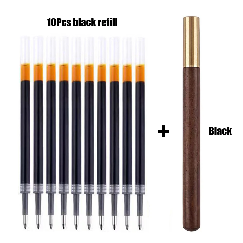 1+10Pcs/Set Vintage Wood Body Ballpoint Pen Brass Ball Roller Pen Metal Cap BallPen Stationery School Business Gifts Supplies