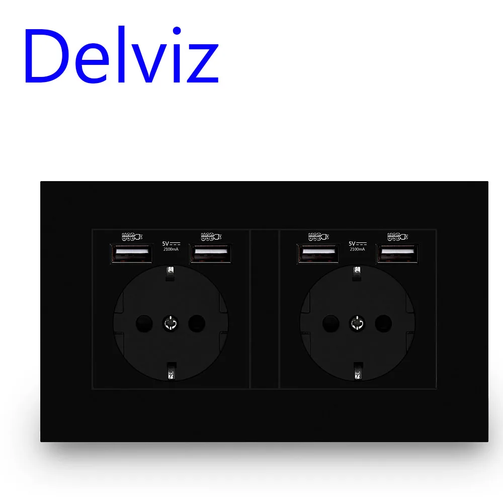 Delviz Wall USB Power Outlet, Black Panel Charging Interface, AC 110~250V 146mm * 86mm, 16A Double Frame EU Standard USB Socket