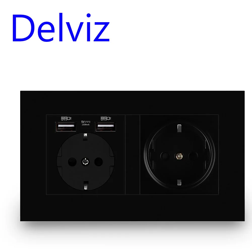 Delviz Wall USB Power Outlet, Black Panel Charging Interface, AC 110~250V 146mm * 86mm, 16A Double Frame EU Standard USB Socket