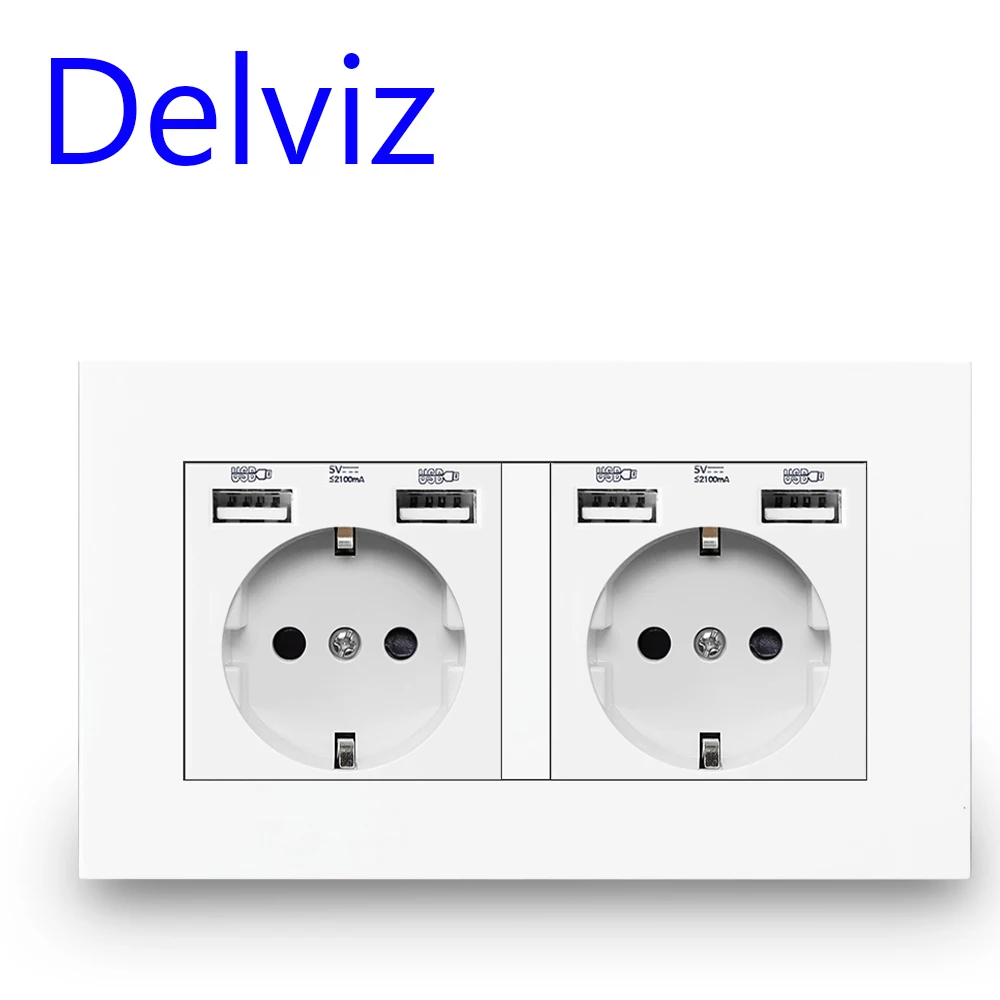 Delviz Wall USB Power Outlet, Black Panel Charging Interface, AC 110~250V 146mm * 86mm, 16A Double Frame EU Standard USB Socket