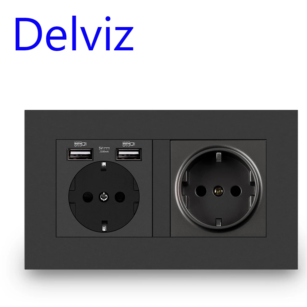 Delviz Wall USB Power Outlet, Black Panel Charging Interface, AC 110~250V 146mm * 86mm, 16A Double Frame EU Standard USB Socket