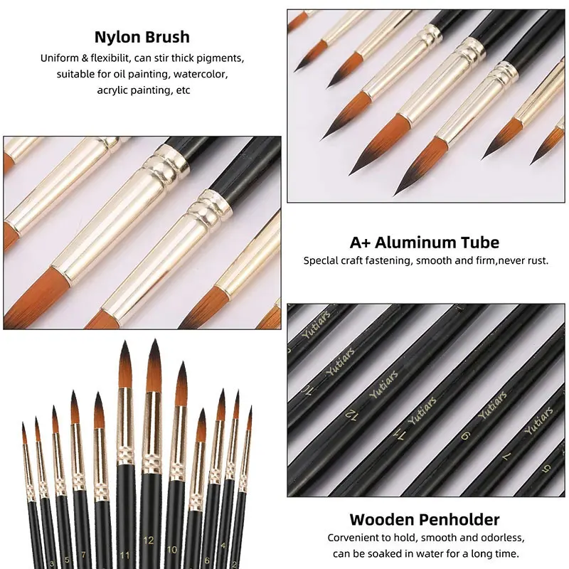 12pcs Paint Brushes Set Professional Paint Brush Round Pointed Tip Nylon Hair Acrylic Brush for Acrylic Watercolor Oil Painting