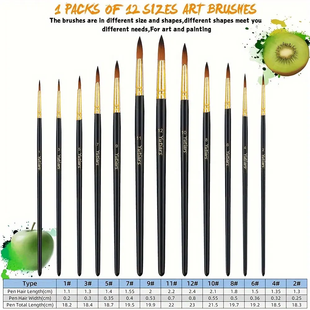 12pcs Paint Brushes Set Professional Paint Brush Round Pointed Tip Nylon Hair Acrylic Brush for Acrylic Watercolor Oil Painting