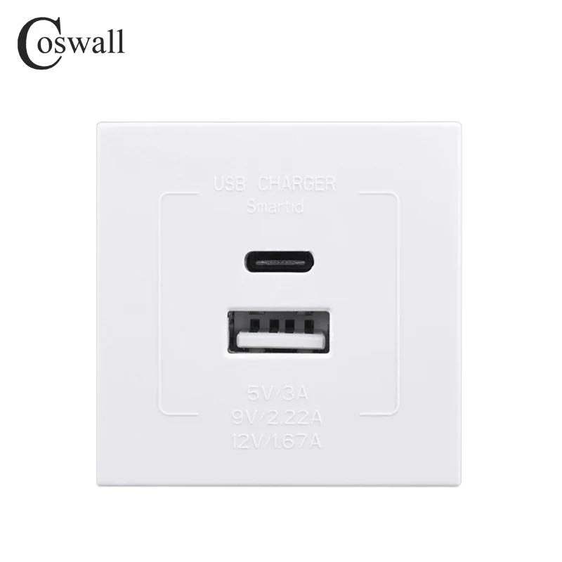 COSWALL E45 / P45 Module 45*45mm EU Standard Wall Socket QC 3.0 Type-A & PD 20W Type-C Dual USB Fast Charge DC 5V,3A/9V,2.22A