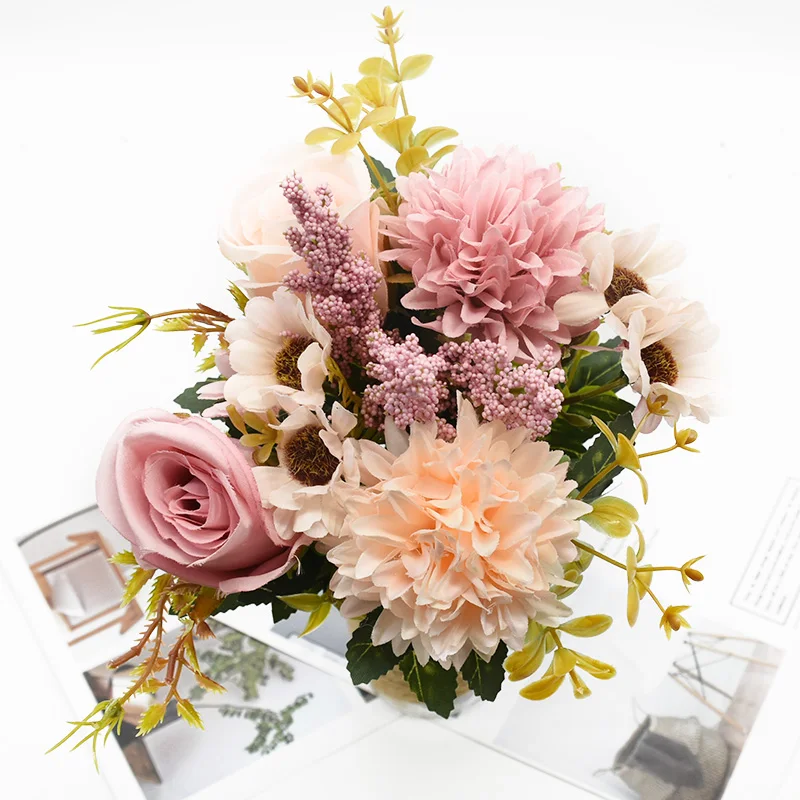 Artificial Flowers Bouquet European-Style Holding Exquisite Roses Wedding Christmas Decorations for Home DIY Vases Fake Plants