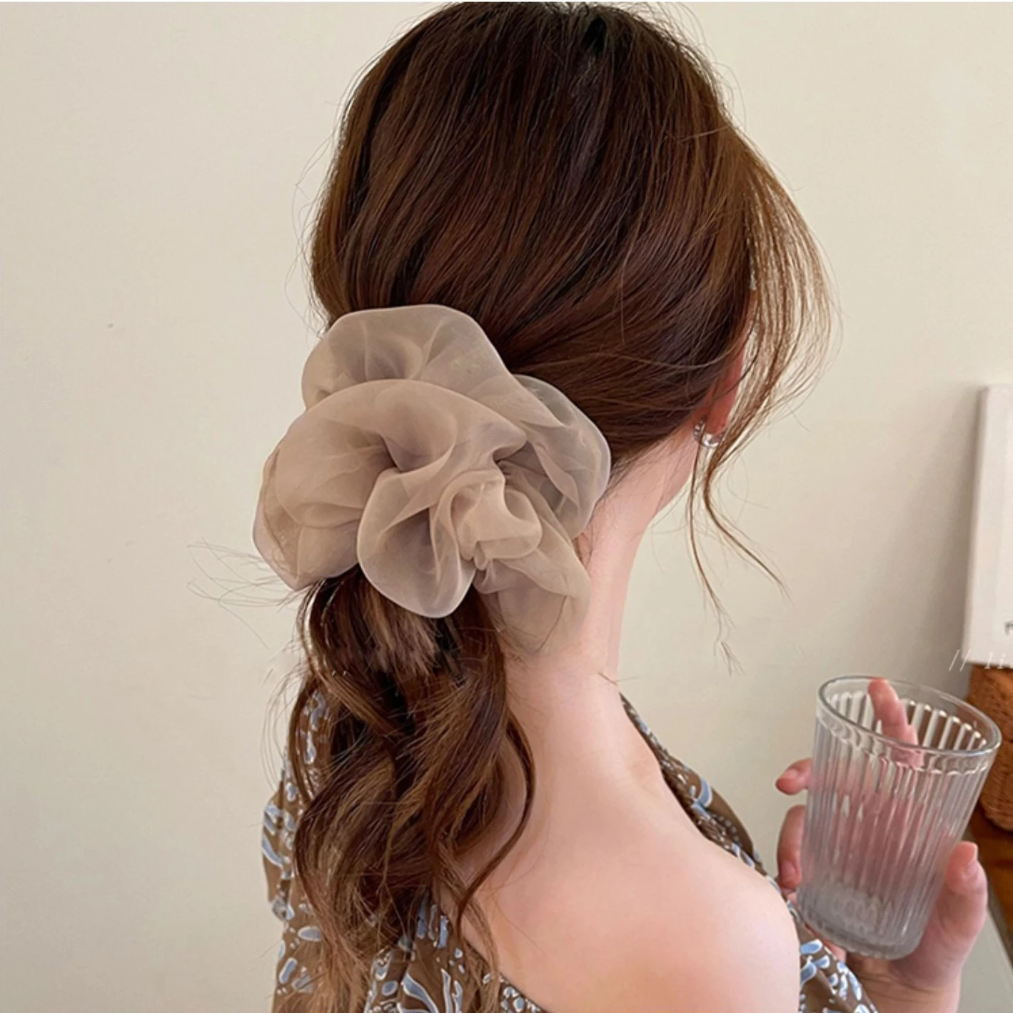 Woman Large Solid Color Chiffon Scrunchies Girls Sweet Rubber Band Lady Hair Accessories Hair Ties Ponytail Holders Ornaments
