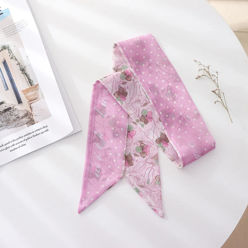 Summer French Retro Pink Tied Hair Small Floral Long Silk Scarf Headband Braided Hair Chiffon Thin Ribbon Scarf