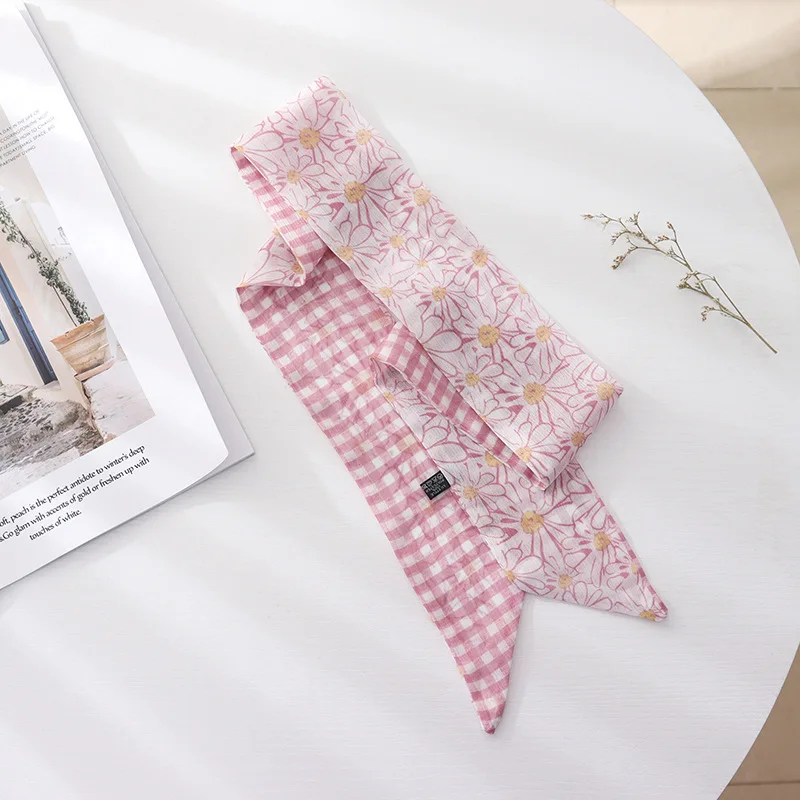 Summer French Retro Pink Tied Hair Small Floral Long Silk Scarf Headband Braided Hair Chiffon Thin Ribbon Scarf
