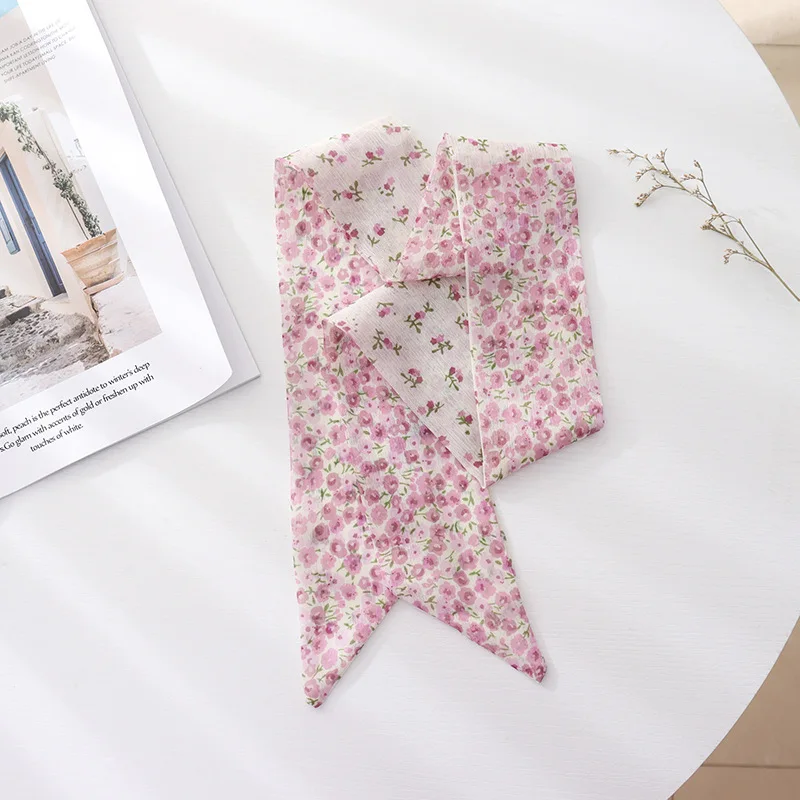 Summer French Retro Pink Tied Hair Small Floral Long Silk Scarf Headband Braided Hair Chiffon Thin Ribbon Scarf