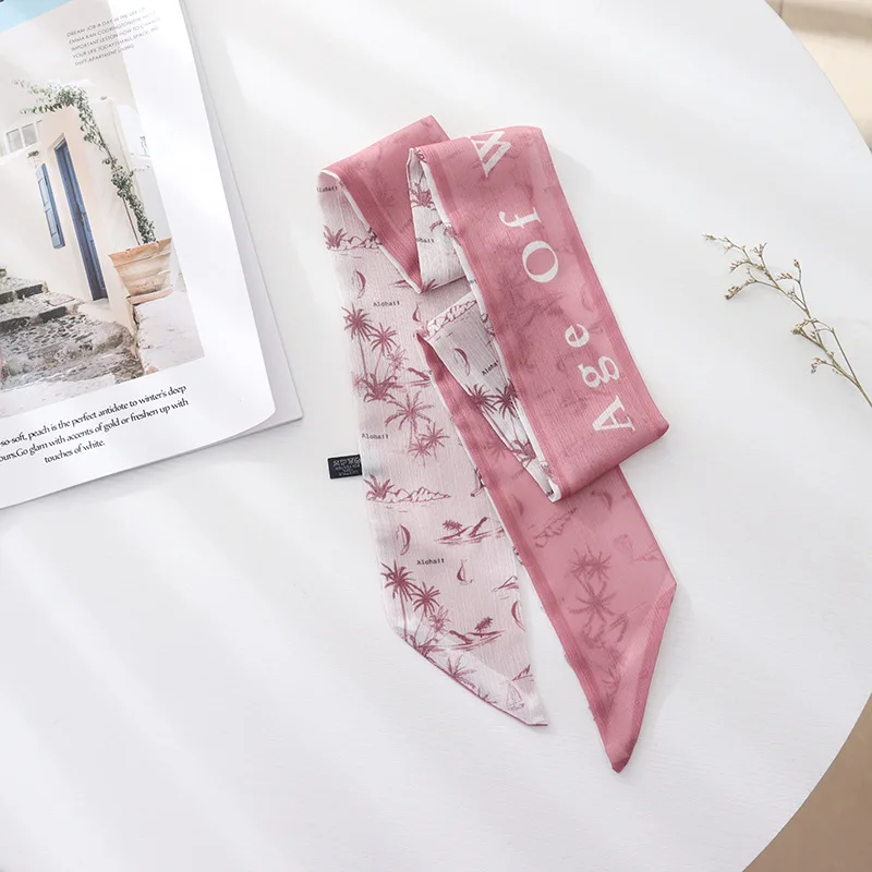 Summer French Retro Pink Tied Hair Small Floral Long Silk Scarf Headband Braided Hair Chiffon Thin Ribbon Scarf