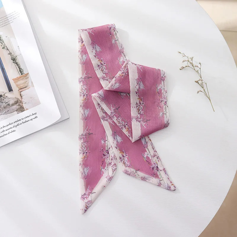 Summer French Retro Pink Tied Hair Small Floral Long Silk Scarf Headband Braided Hair Chiffon Thin Ribbon Scarf
